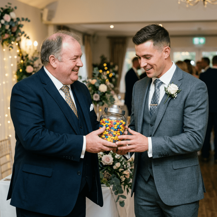 Two men in suits holding a jar of colorful sweets at a wedding